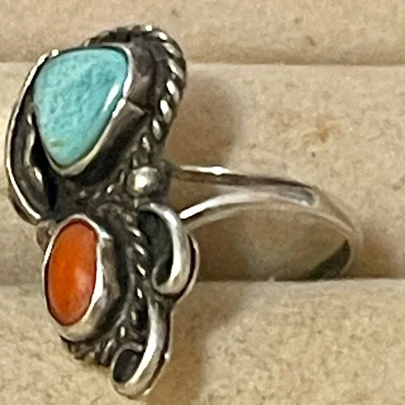VTG Native American Navajo Sterling Silver Turquoise Coral Ring Sz 5.25 - Picture 3 of 6